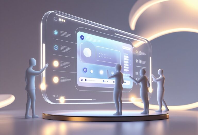 사용자가 인터페이스와 상호작용하는 미래형 3D 사용자 경험 디자인 장면
