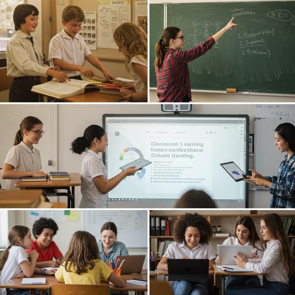 전통적 교실 수업과 디지털 프레젠테이션이 함께 이루어지는 장면, 온카스터디의 융합형 학습 솔루션으로 협력 중심 수업이 운영되는 모습