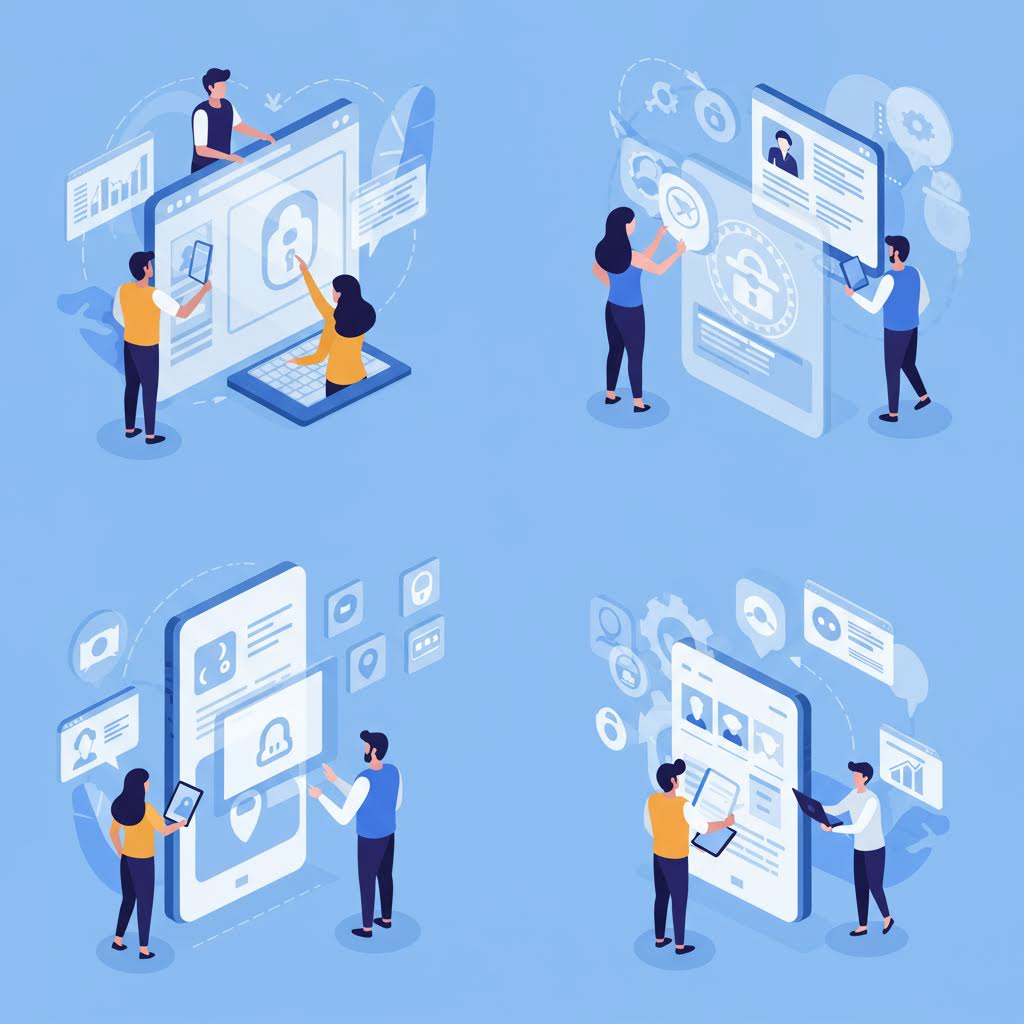 파란 배경 4개 장면: 팀원들이 대형 모니터·태블릿에서 자물쇠·프로필·그래프·기어 아이콘 조작하며 사이버 보안 작업하는 아이소메트릭 스타일.