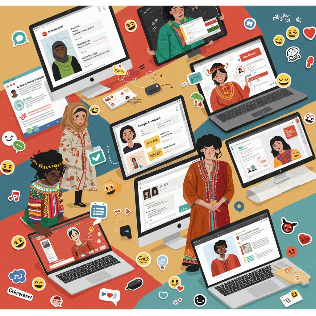 다양한 문화권의 사람들이 온라인 플랫폼을 통해 소통하는 모습을 일러스트로 표현한 이미지로, 온카스터디의 글로벌 학습 커뮤니티를 상징한다.