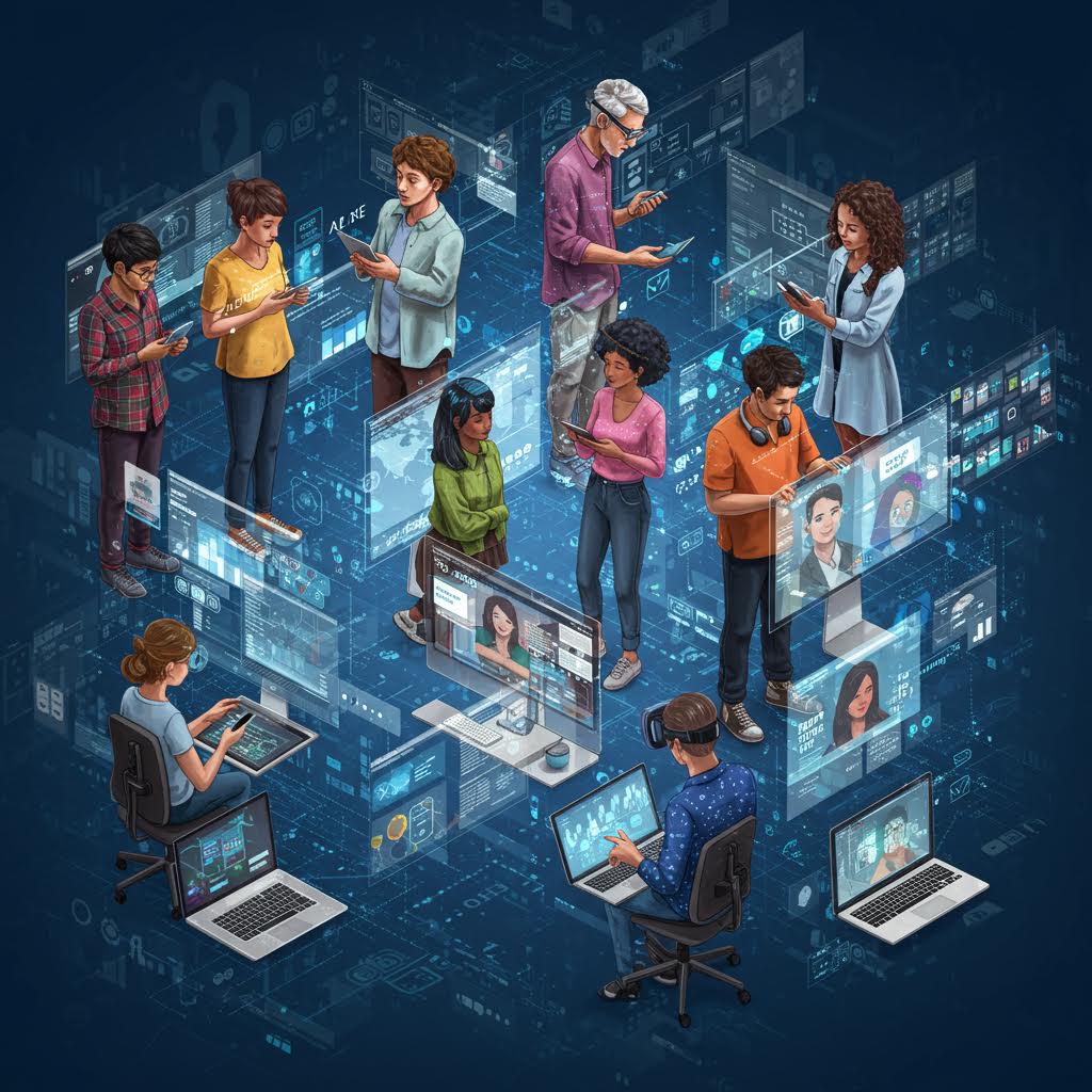 가상 화면 속 인물들이 서로의 데이터를 주고받으며 온카스터디의 연결 지성이 형성되는 장면