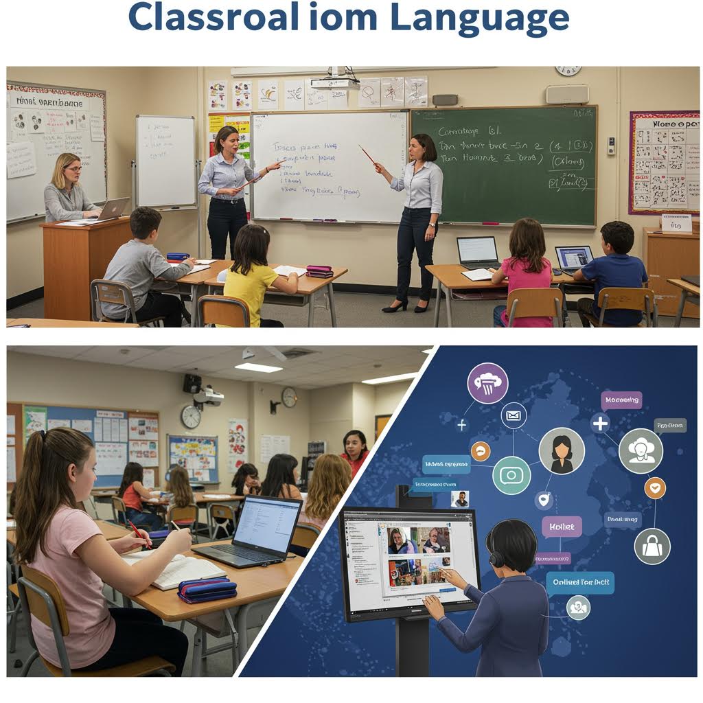 교실에서 학생들이 언어 수업을 받고 온라인 플랫폼으로 연결된 화면을 통해 학습하는 장면으로, 온카스터디의 글로벌 언어 교육 시스템을 보여준다.