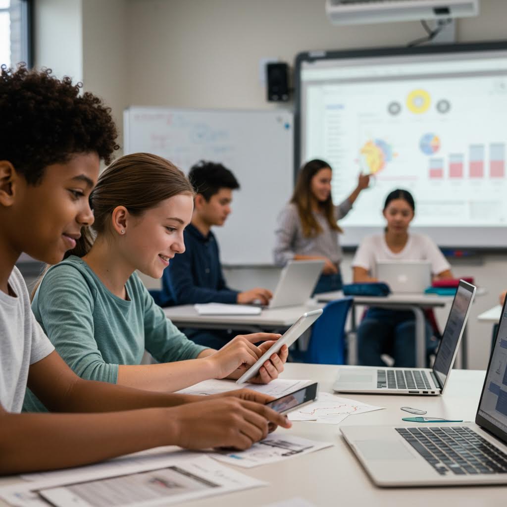 학생들이 태블릿과 노트북으로 협업 학습을 진행하는 모습, 온카스터디의 데이터 기반 스마트러닝 시스템을 활용한 교실