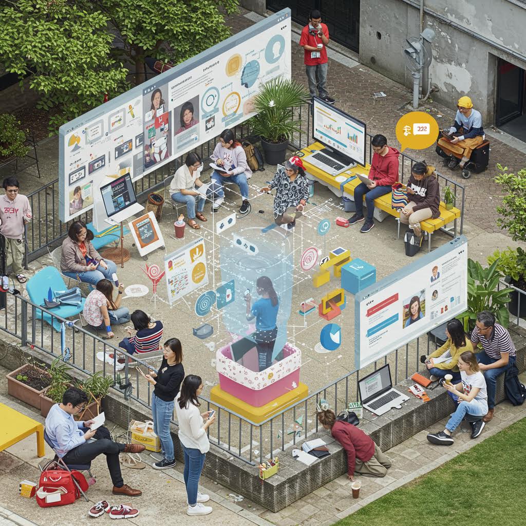 야외 공간에 모인 사람들이 홀로그램 화면과 데이터를 공유하며 창의적인 협업을 이어가는 장면