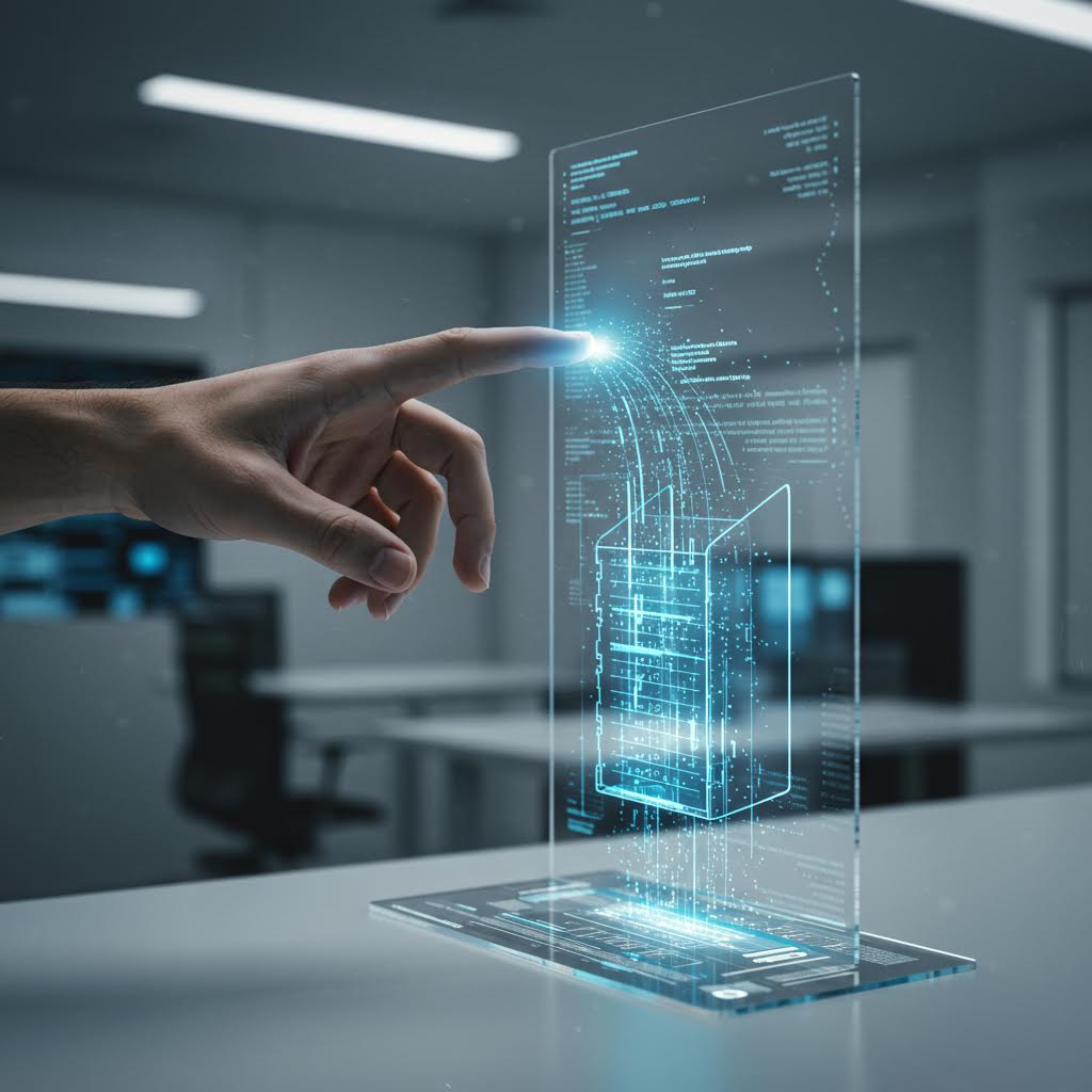 사무실에서 손가락으로 투명 홀로그램 패널 터치, 3D 서버 구조·코드·그래프·데이터 스트림 떠 있는 미래형 IT 인터랙션.
