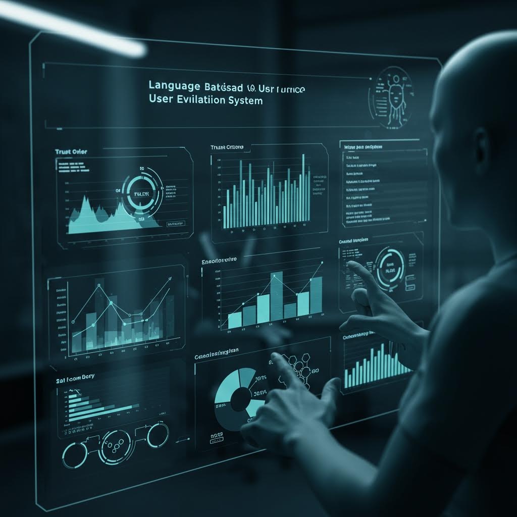 온카스터디 어두운 배경에서 손이 투명한 홀로그램 인터페이스를 조작하며 언어 기반 사용자 평가 시스템의 신뢰 기준, 만족도, 제어 패널 등 다양한 청록색 차트와 그래프를 표시하는 미래형 대시보드