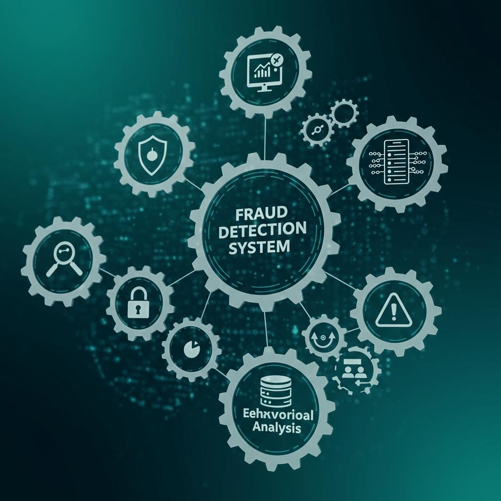 사기 탐지 시스템 인포그래픽 - 보안, 데이터 분석, 행동 분석, 경고 알림 기능을 포함한 금융 사기 방지 솔루션 구조도