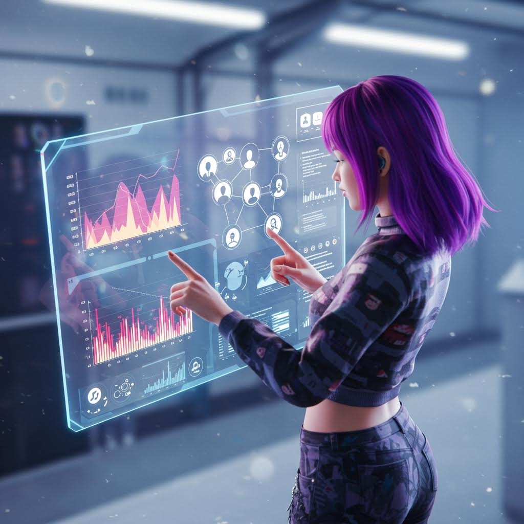 보라색 머리의 여성이 흐릿한 미래형 공간에서 투명한 홀로그램 대시보드를 양손으로 가리키며 분홍색과 주황색 그라데이션 차트, 사용자 네트워크, 통계 데이터를 분석하는 장면