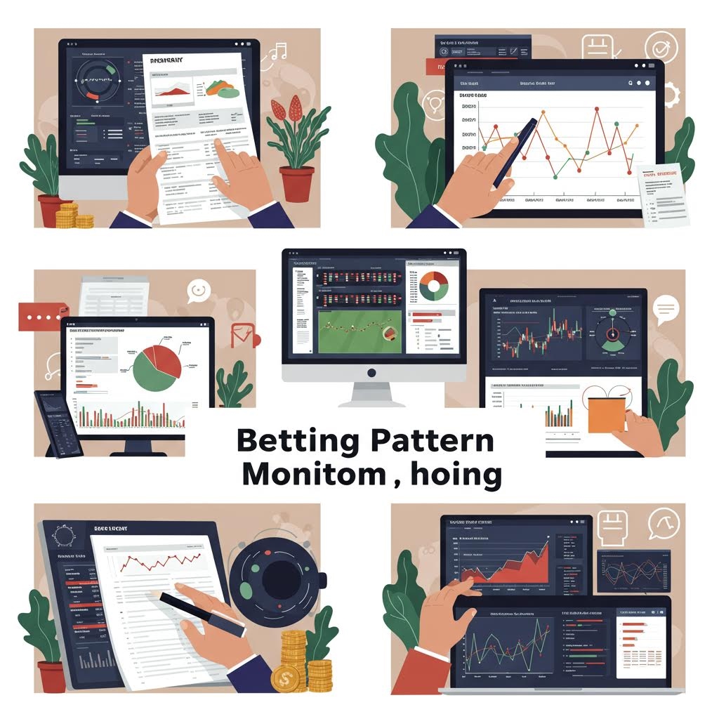 베팅 패턴 모니터링 대시보드 일러스트 - 실시간 데이터 분석, 차트, 그래프를 활용한 도박 행동 추적 및 분석 시스템 화면