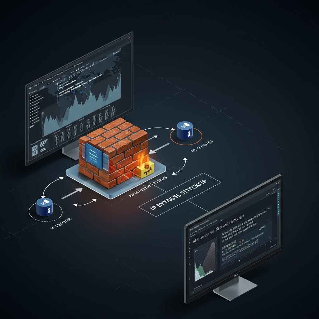 방화벽 네트워크 보안 3D 일러스트 - IP 우회 차단, 데이터베이스 보호, 서버 간 암호화 통신을 보여주는 사이버 보안 시스템 구조