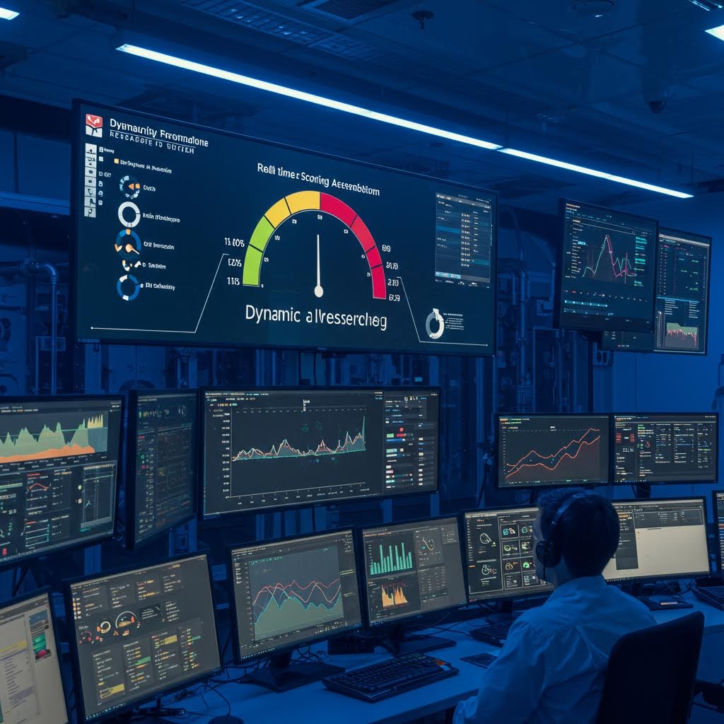온카스터디 동적 임계값 모니터링 센터 - 푸른 조명의 관제실에서 대형 스크린에 반원형 게이지와 'Dynamic a!Vesercheg' 텍스트가 표시되고 하단의 여러 모니터에 실시간 차트와 데이터 분석 화면이 나타나는 장면