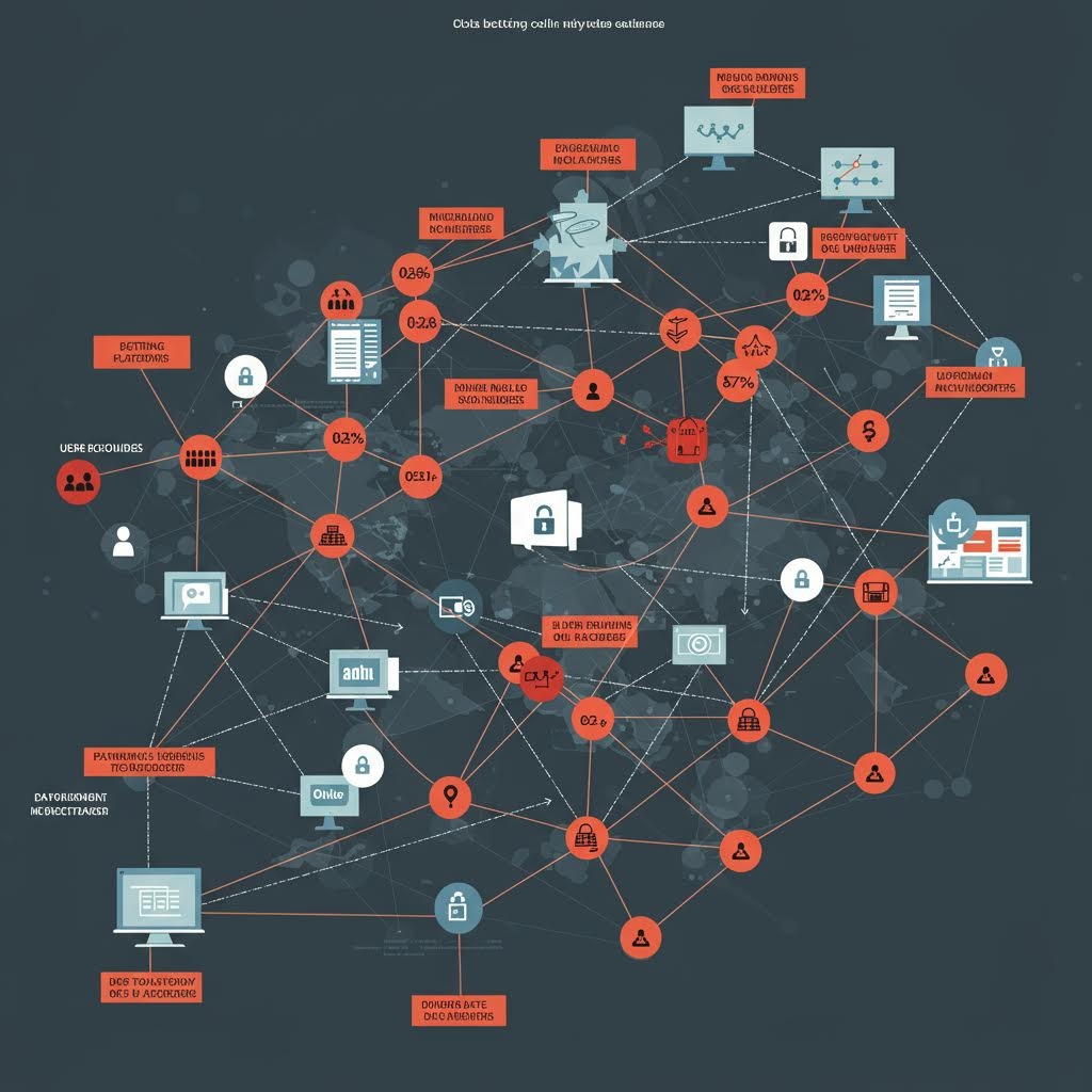 온라인 베팅 사기 네트워크 다이어그램 - 사용자, 플랫폼, 해커 간 데이터 흐름과 보안 위협 요소를 보여주는 사이버 보안 인포그래픽