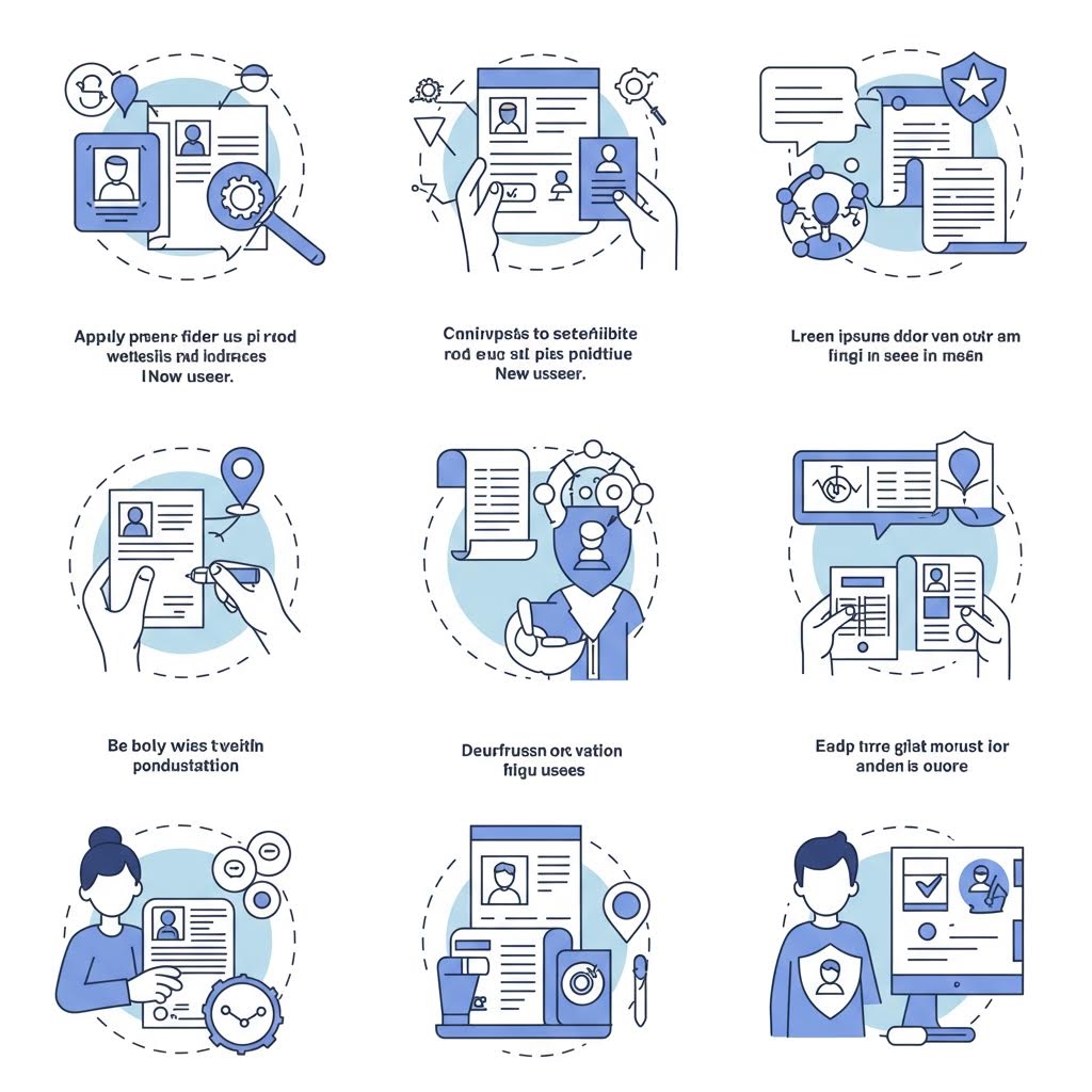 사용자 프로필 검증 프로세스 일러스트 - 신원 확인, 문서 검토, AI 인증 시스템을 통한 온라인 본인 인증 절차 아이콘 세트