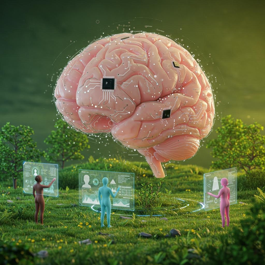 녹색 자연 배경의 잔디밭 위에 떠 있는 거대한 반투명 뇌에 마이크로칩과 회로가 내장되어 있고 하단에서 세 명의 실루엣이 투명 인터페이스로 상호작용하는 AI 신경과학 시각화