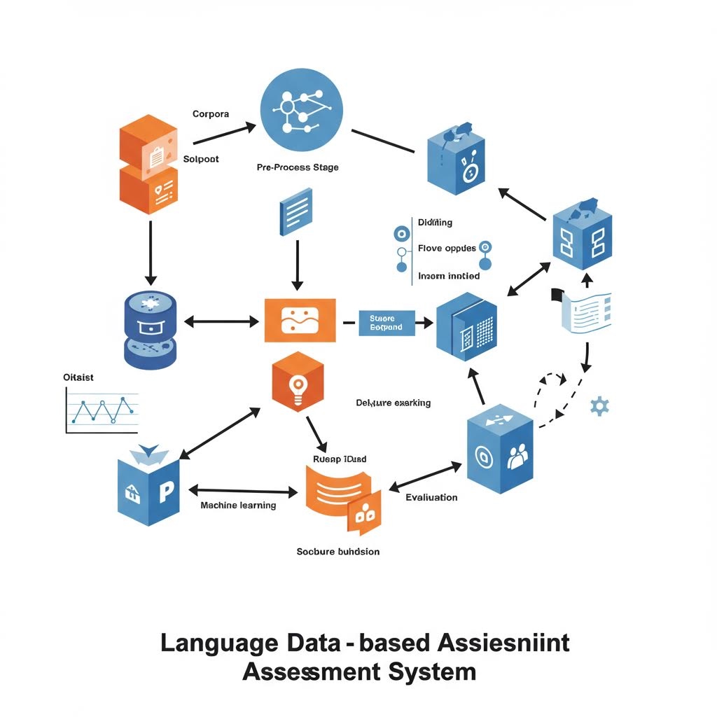 온카스터디 언어 데이터 기반 평가 시스템 - 주황색과 파란색 3D 아이콘들이 화살표로 연결되어 코퍼스, 전처리, 머신러닝, 평가 등의 데이터 처리 흐름을 보여주는 시스템 다이어그램