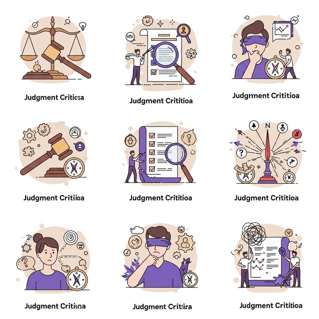 판단 기준 일러스트 세트 - 저울, 망치, 체크리스트, 나침반으로 표현한 의사결정 및 평가 기준 개념 아이콘 모음