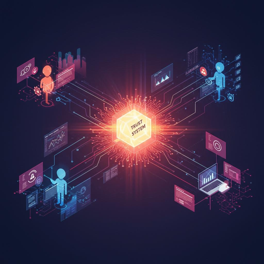 온카스터디 신뢰 시스템 - 어두운 배경에 중앙의 황금빛 'TRUST SYSTEM' 육각형에서 빛이 방사되며 네 방향의 사용자 아바타와 분홍색, 청록색 홀로그램 대시보드가 회로 패턴으로 연결된 아이소메트릭 네트워크 시각화