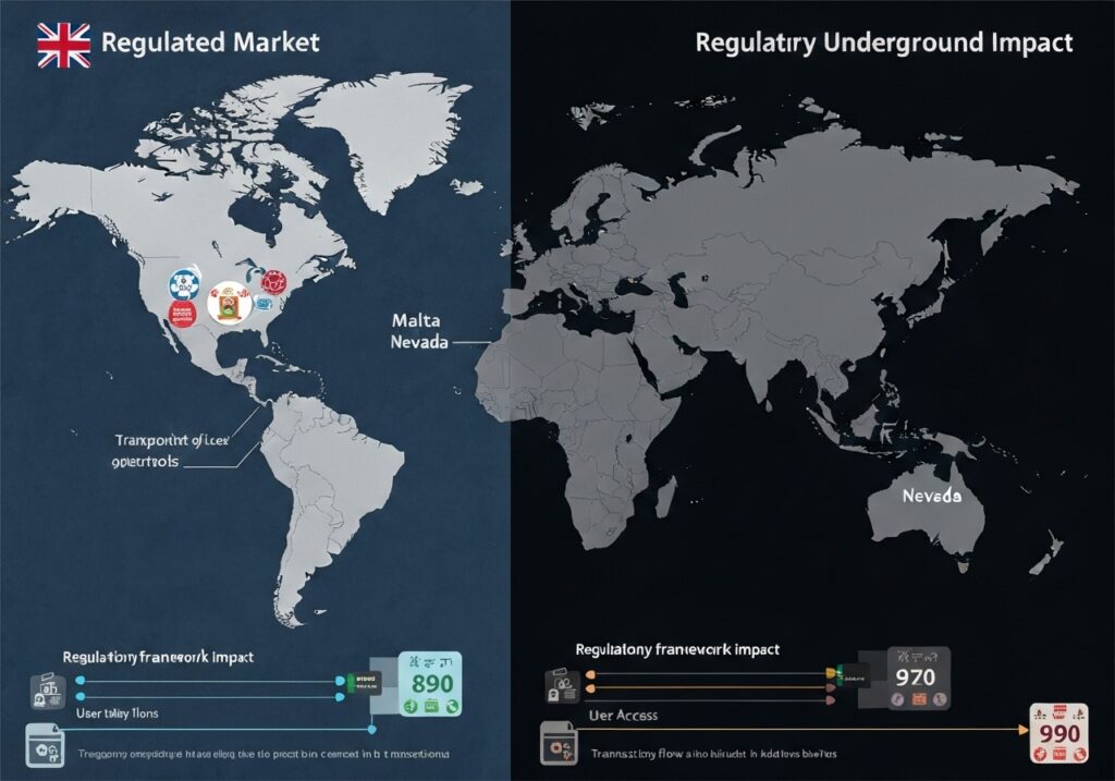 정책 규제 강도에 따른 시장 영향도를 원형 그래프와 세계 지도로 시각화한 Policy Impact Regulation 인포그래픽, Strict Regulation에서 Relaxed Regulation까지 색상 그라디언트로 표현