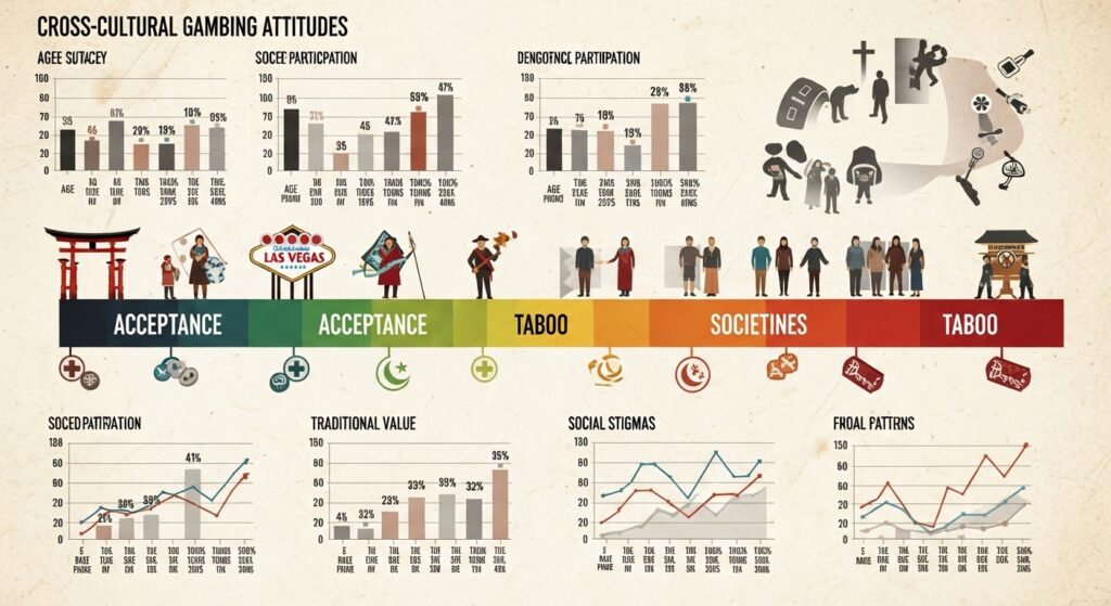 국가별·문화권별 도박 수용도와 금기를 보여주는 Cross-Cultural Gambling Attitudes 인포그래픽, 일본·라스베이거스·이슬람권·기독교권 등 문화 아이콘과 수용-금기 스펙트럼 그래프
