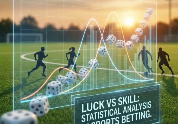 주사위와 선수 실루엣이 통계 그래프와 함께 스포츠 경기장 위에 겹쳐진 모습이다.