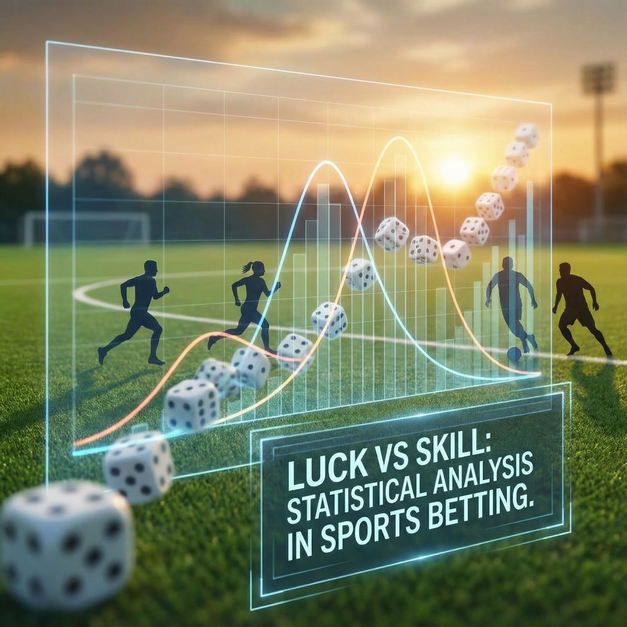 주사위와 선수 실루엣이 통계 그래프와 함께 스포츠 경기장 위에 겹쳐진 모습이다.