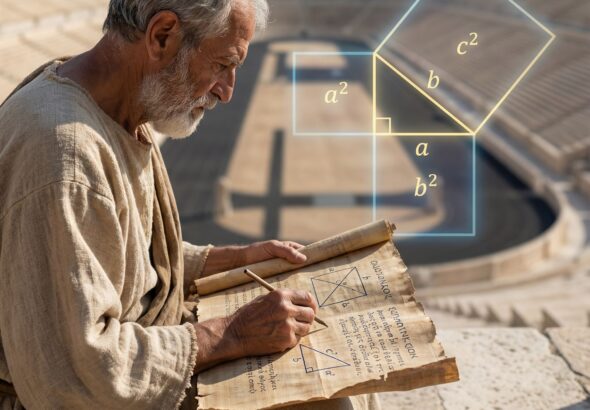 고대 그리스 수학자가 두루마리 앞에서 기하학 비율을 계산하며, 배경의 고전 경기장 위에 빛나는 피타고라스