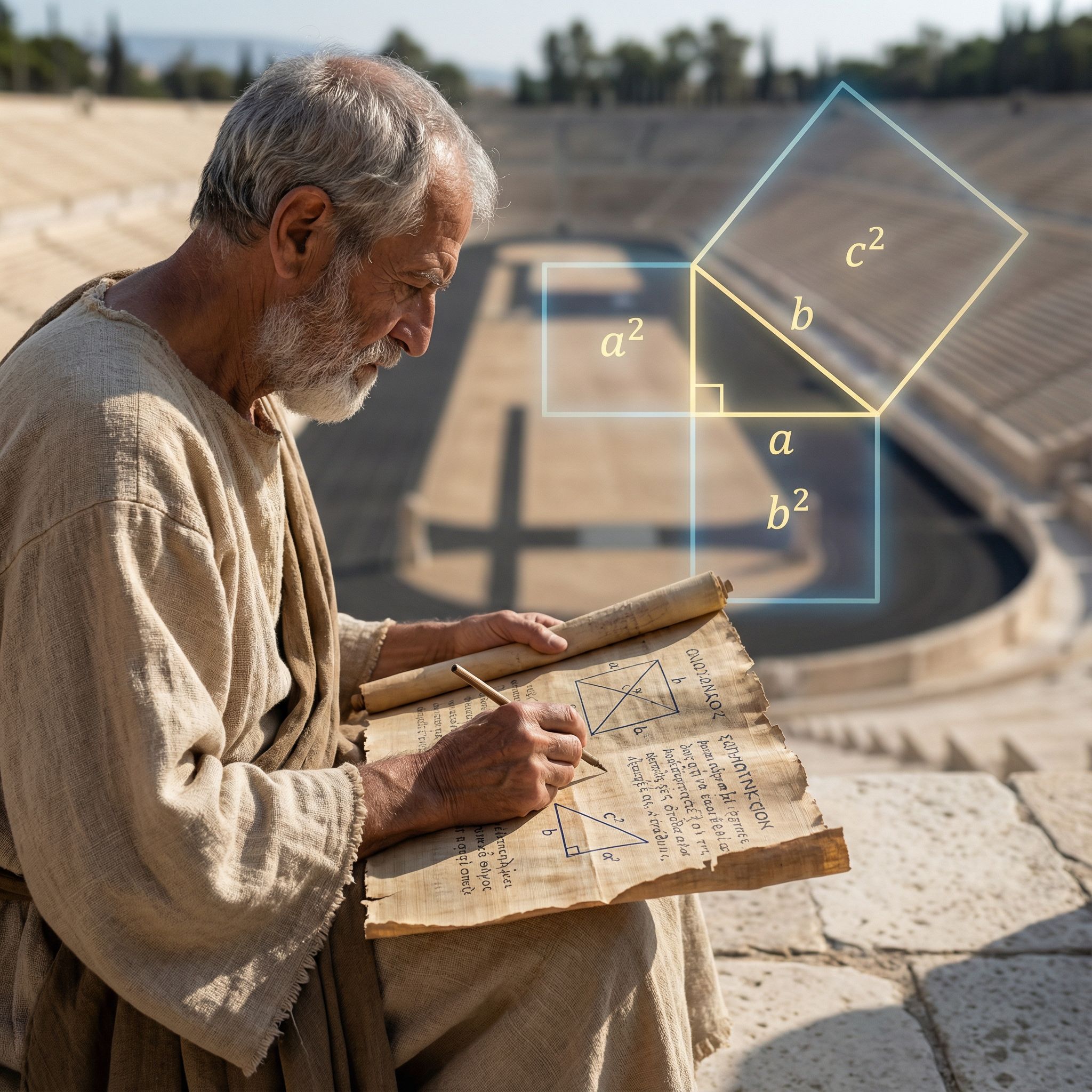 고대 그리스 수학자가 두루마리 앞에서 기하학 비율을 계산하며, 배경의 고전 경기장 위에 빛나는 피타고라스