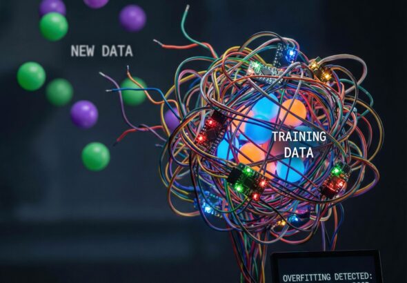 복잡하게 얽힌 신경망이 작은 데이터셋에만 꽉 끼어 있고, 주변의 큰 새 데이터 포인트들은 연결되지 못한