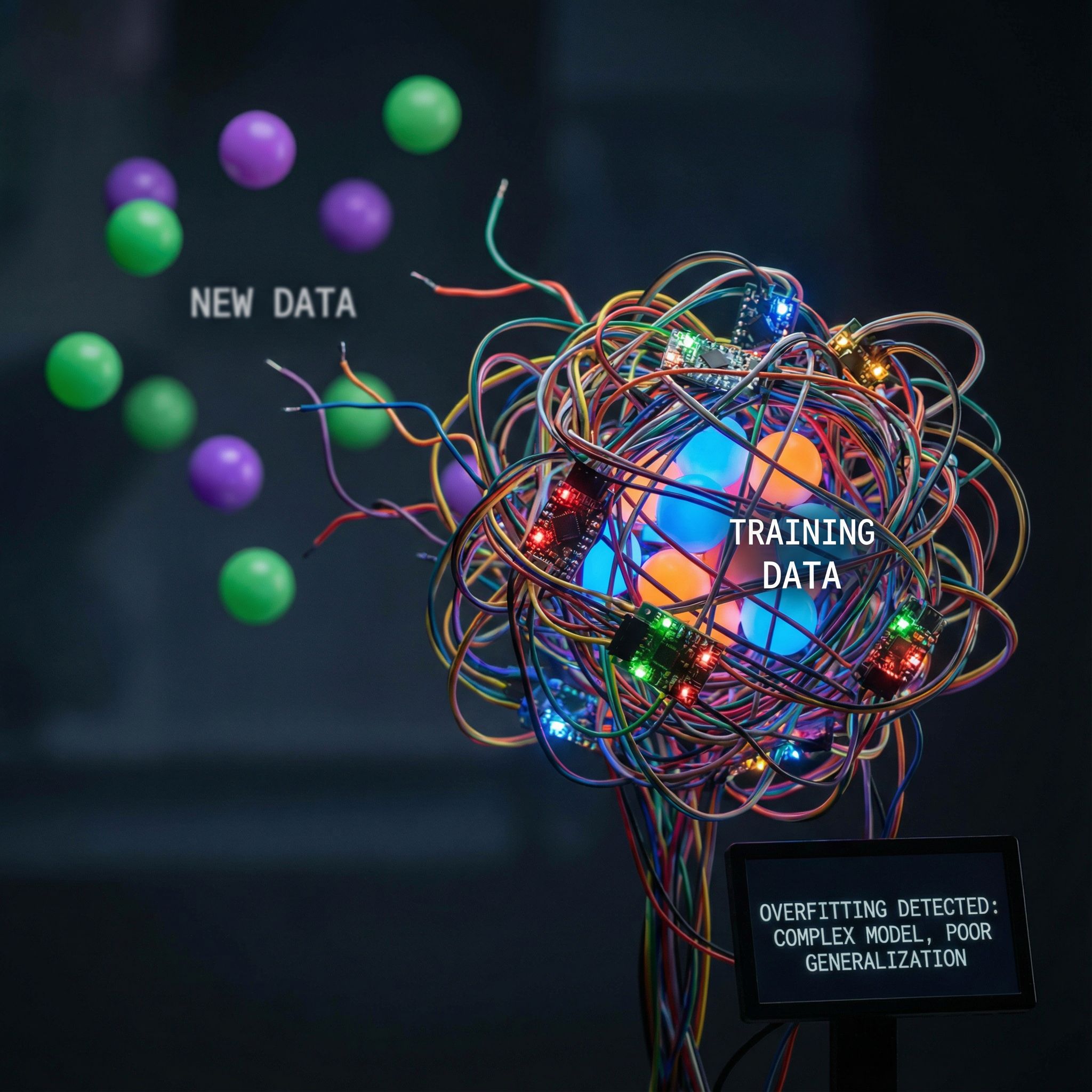 복잡하게 얽힌 신경망이 작은 데이터셋에만 꽉 끼어 있고, 주변의 큰 새 데이터 포인트들은 연결되지 못한