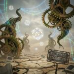 공중에 떠 있는 주사위와 흩어진 이진 코드, 유기적인 톱니바퀴가 초현실적 풍경을 이루며 무작위성을