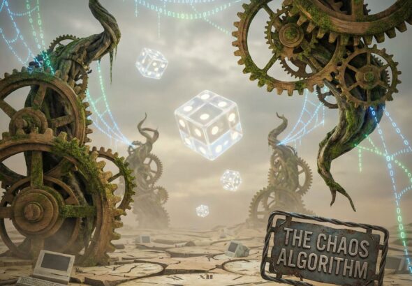 공중에 떠 있는 주사위와 흩어진 이진 코드, 유기적인 톱니바퀴가 초현실적 풍경을 이루며 무작위성을
