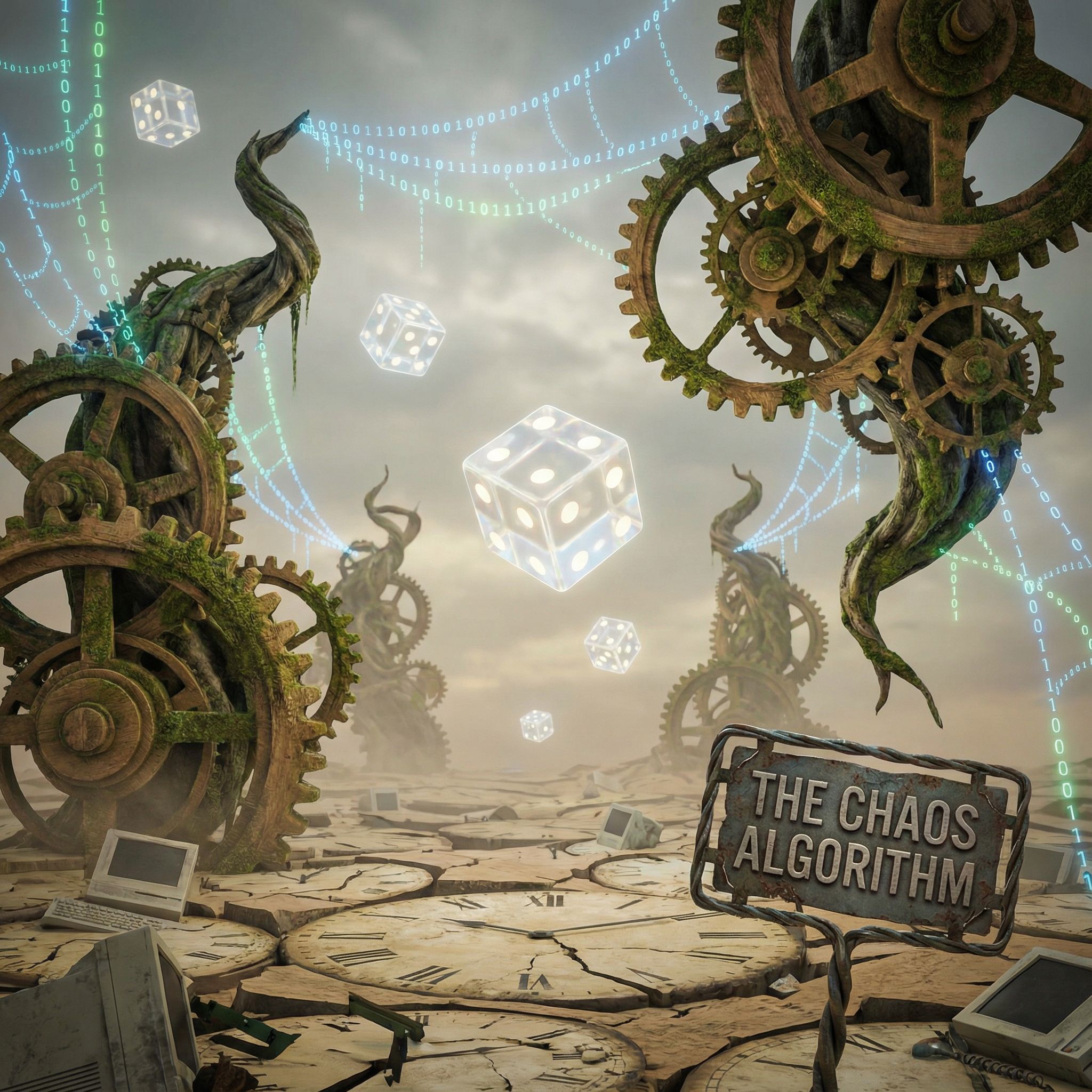 공중에 떠 있는 주사위와 흩어진 이진 코드, 유기적인 톱니바퀴가 초현실적 풍경을 이루며 무작위성을