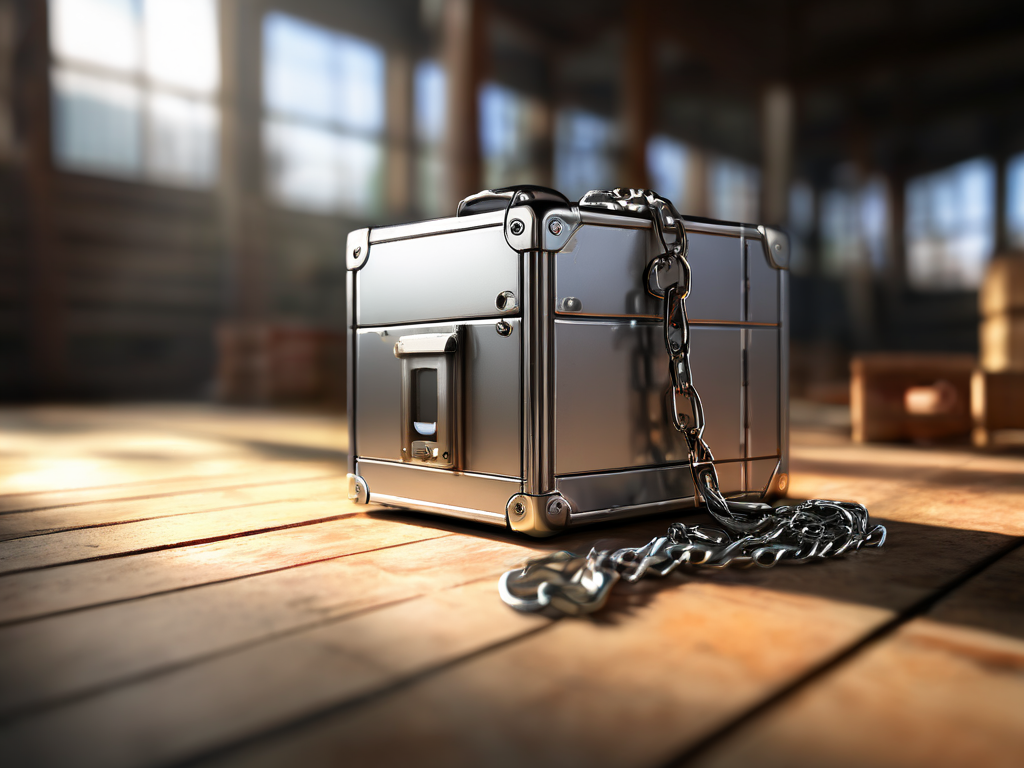 Metal chain linking a sealed storage case with small blocks on a brushed metal surface.