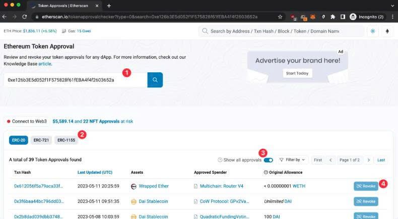 Token approval checker showing authorized spender contracts, current allowances, and options to revoke access.