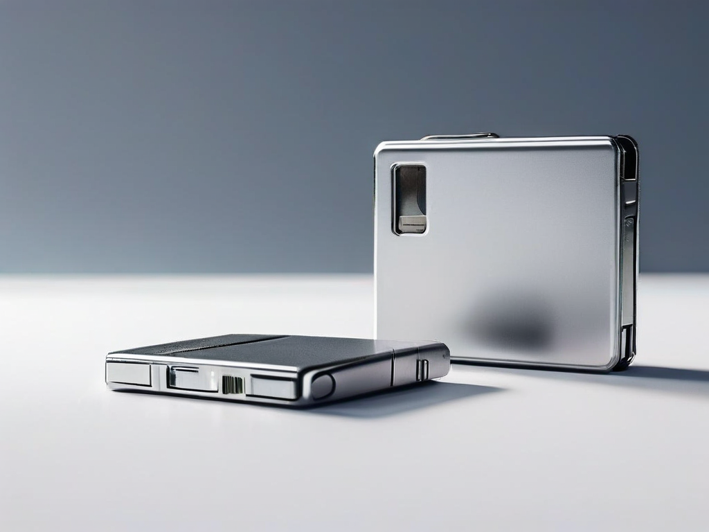 Blank memory card, sealed external drive, and empty photo sleeve on brushed metal surface with angled morning light and shallow...