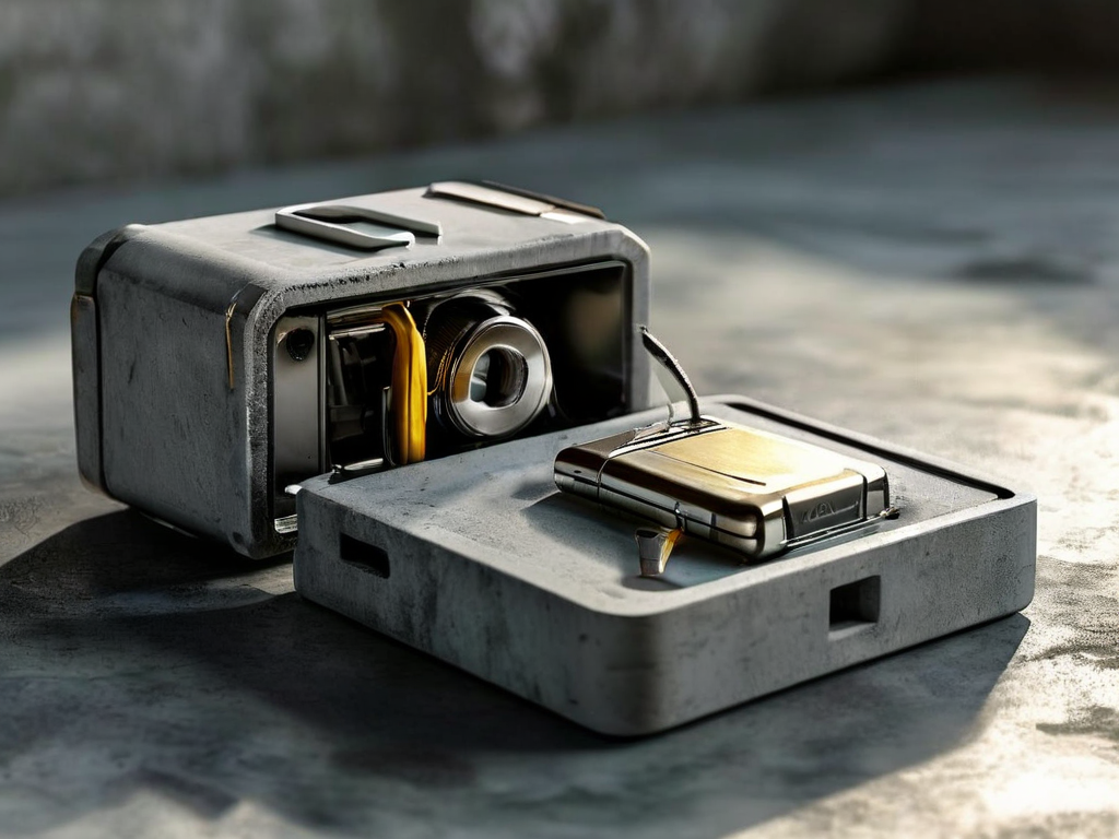 A sealed memory card with a lock mechanism sits on a neutral acrylic tray against a stone counter, symbolizing secure data...