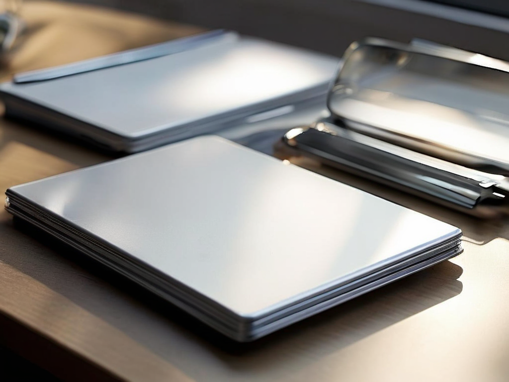 Organized blank reference cards in a compact brushed metal tray, angled morning sunlight, shallow depth of field