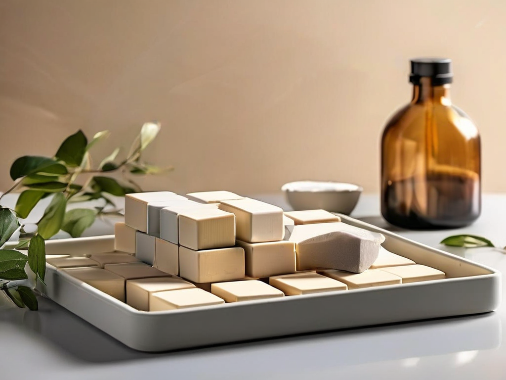 Acrylic storage tray with blank divider cards and compact blocks on a stone counter, soft studio light, clean organization...