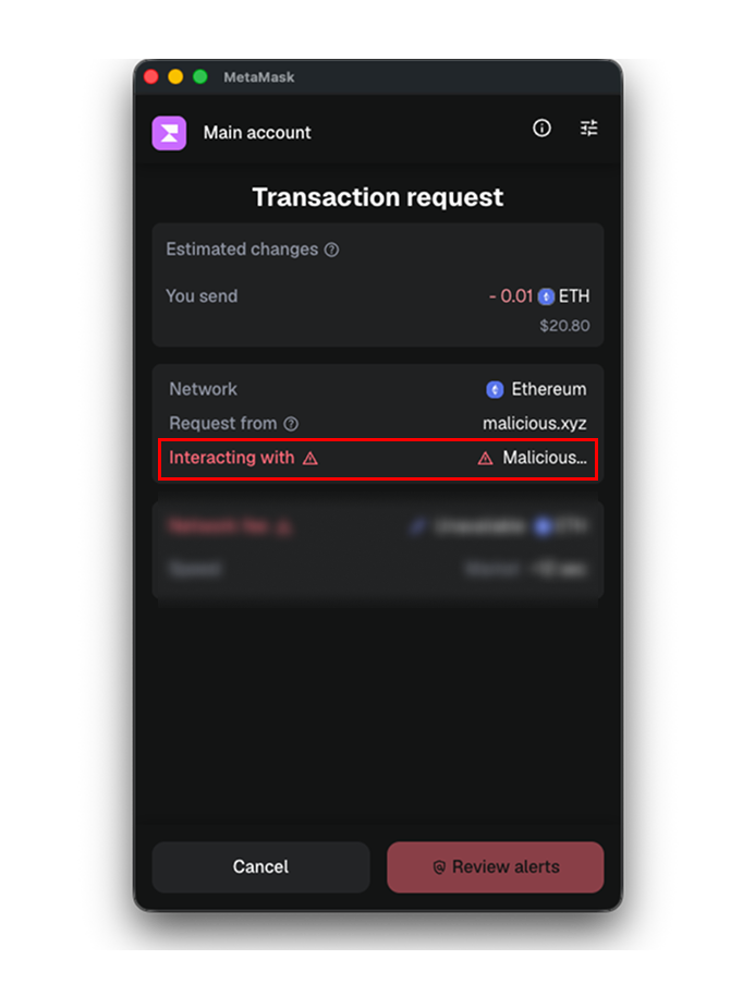 MetaMask security alert helping users identify a fraudulent Web3 domain before connecting their wallet or signing a request,