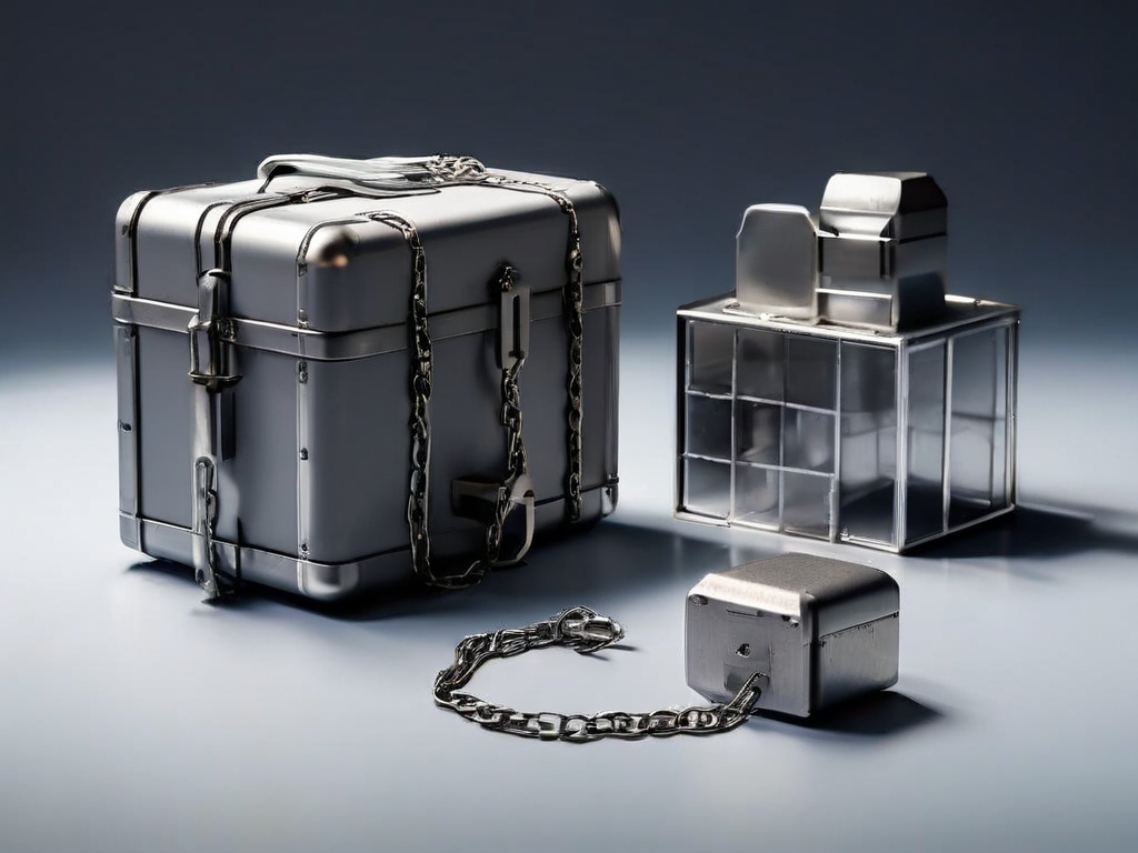 Metal file storage blocks and a sealed security case on a gray surface.