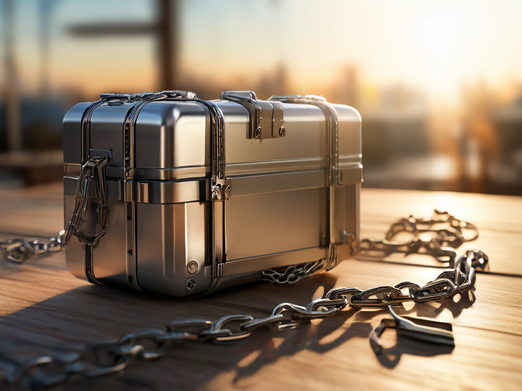 A sealed metal storage case with a short chain, surrounded by small blocks representing file locations on a brushed metal surface...