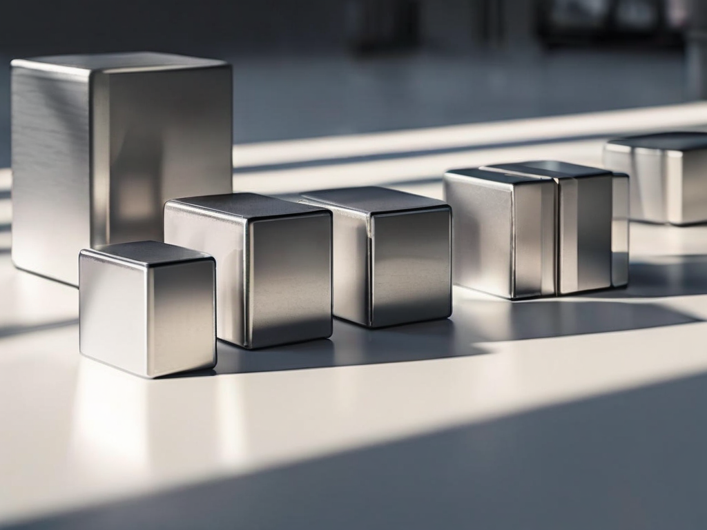 Organized storage blocks and blank divider cards on a brushed metal surface in morning light.
