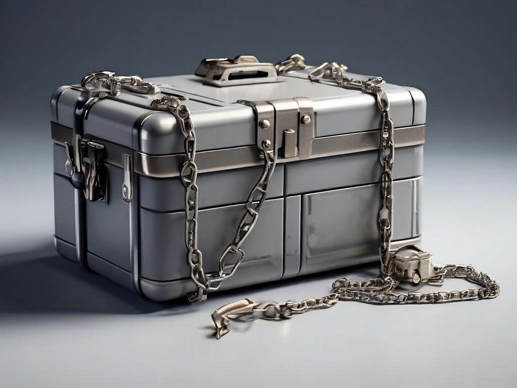 Metal chain securing a storage case beside small blocks representing version file locations on a gray surface.