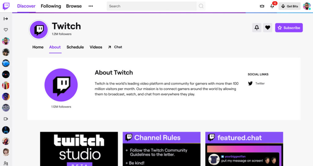 Twitch channel About page displaying profile details and social links, illustrating where viewers can verify a streamer’s new official channel.