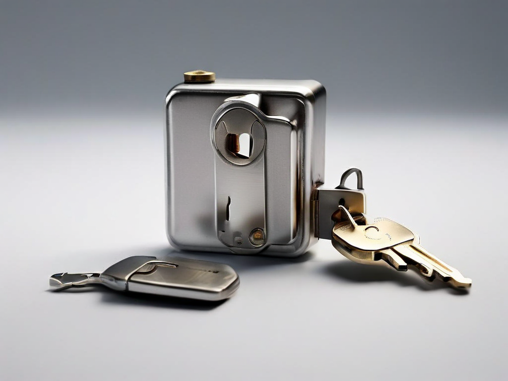 A small metal lock, closed key case, and blank security card arranged on a matte gray surface for account safety preparation.