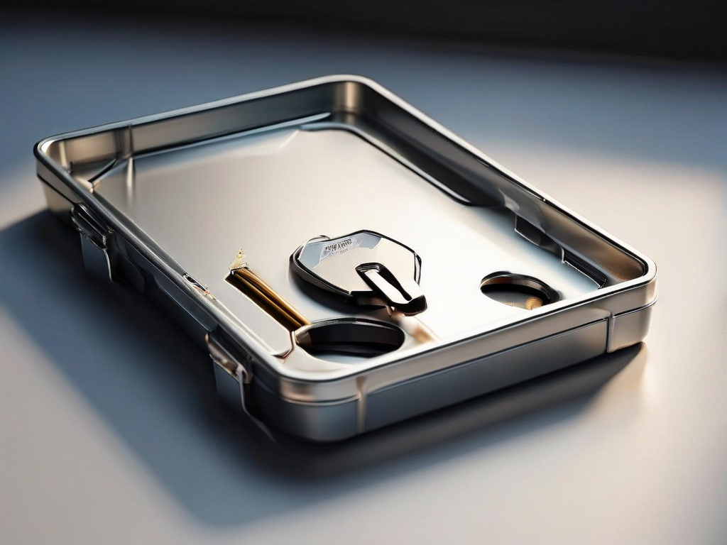 Storage tray with blank divider cards and small lock symbol on one compartment, brushed metal surface, angled daylight.