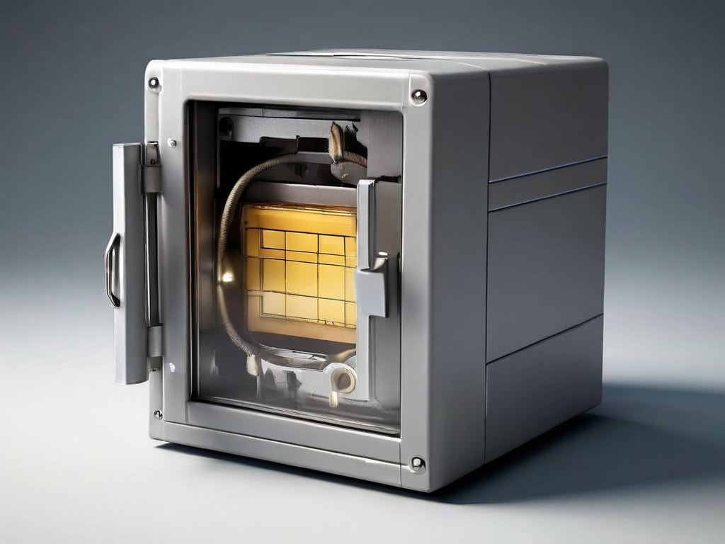 Archive box with timer dial and empty removal slot on gray studio surface, soft side light, clean shadow