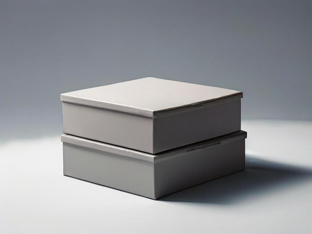 Stack of blank archive boxes on a matte gray surface, one sealed copy set aside, soft side light, clean shadow.