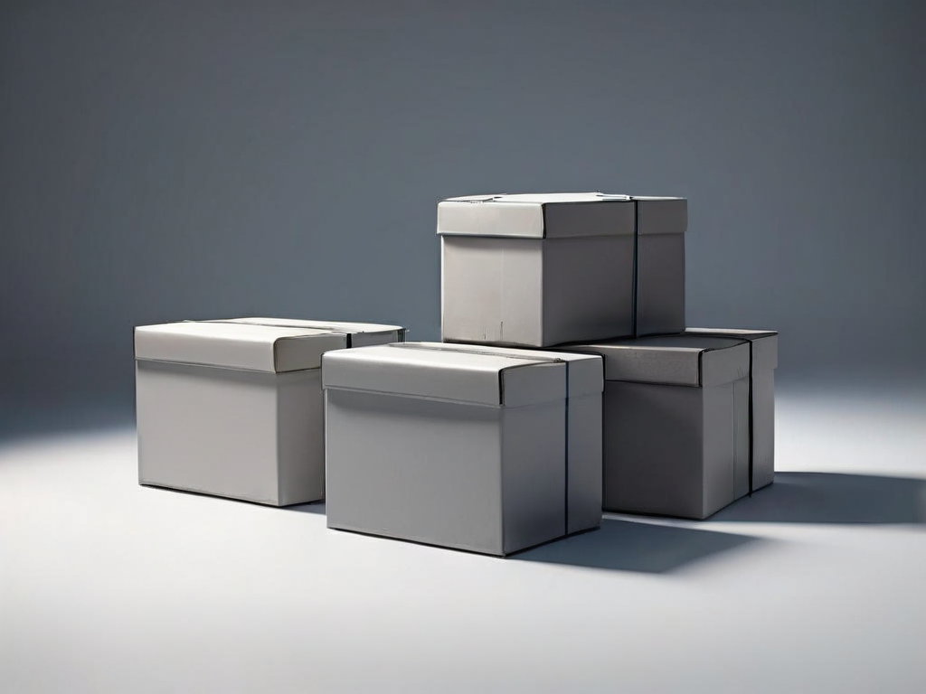 Archive boxes and a blank hard drive on a gray studio surface symbolize digital cleanup and removed files.