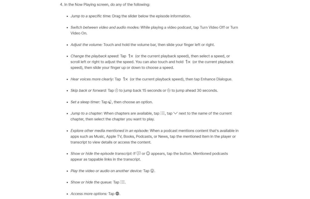 Apple Podcasts instructions for jumping to a podcast chapter and adjusting playback controls from the Now Playing screen.